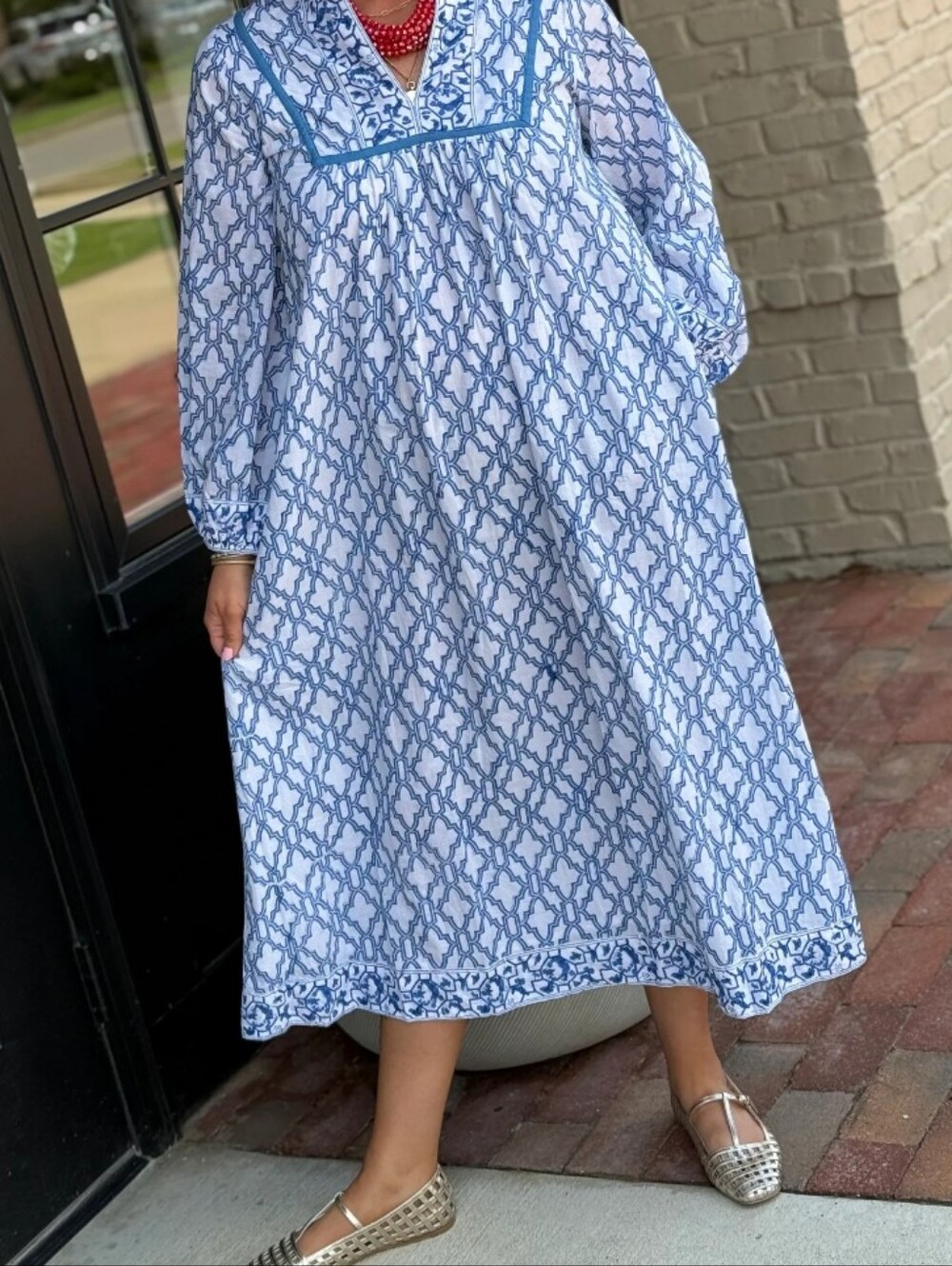 Victoria Dunn East Bay Maxi Dress S Blue White Trellis Cotton Blockprint 💙